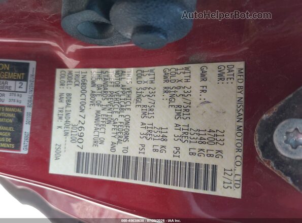 1N6BD0CT0GN726907 2016 NISSAN FRONTIER Red Engine compartment view