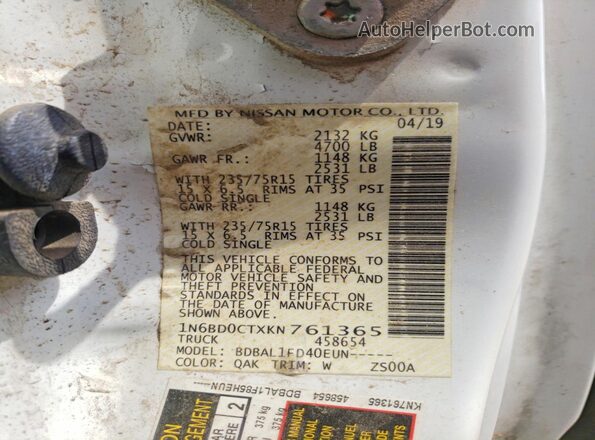 1N6BD0CTXKN761365 2019 NISSAN FRONTIER White Widok komory silnika