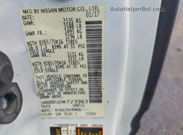 1N6DD0CU2HN723963 2017 NISSAN FRONTIER White Շարժիչի բաժամունքի տեսք