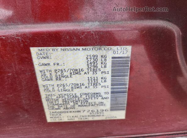 1N6DD0ERXHN726196 2017 NISSAN FRONTIER Red ძრავის განყოფილების ხედი