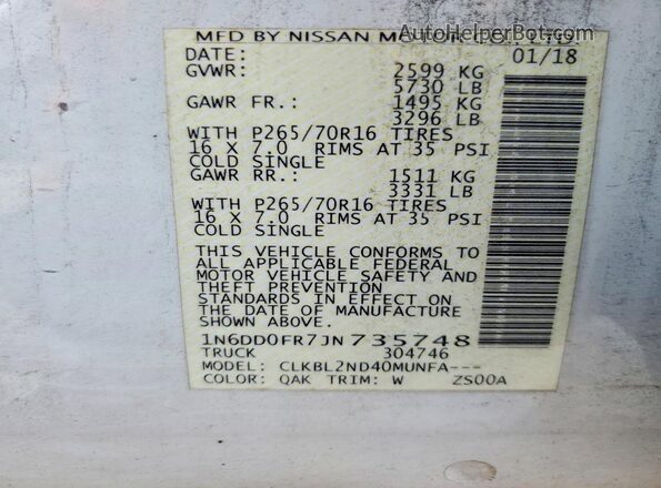 1N6DD0FR7JN735748 2018 NISSAN FRONTIER White Engine compartment view