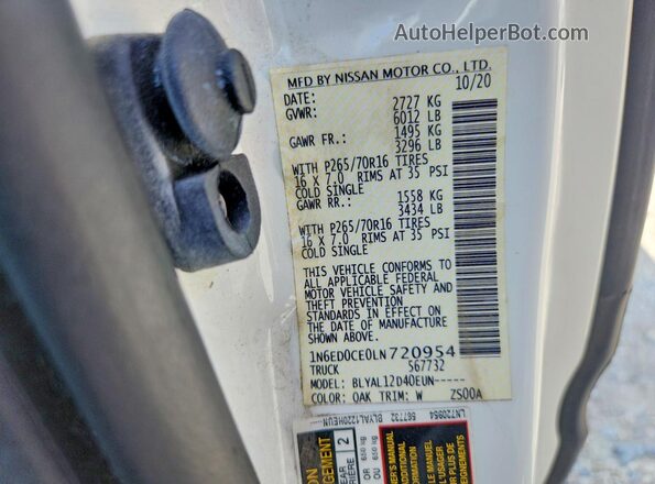 1N6ED0CE0LN720954 2020 NISSAN FRONTIER White Vista del compartimento del motor