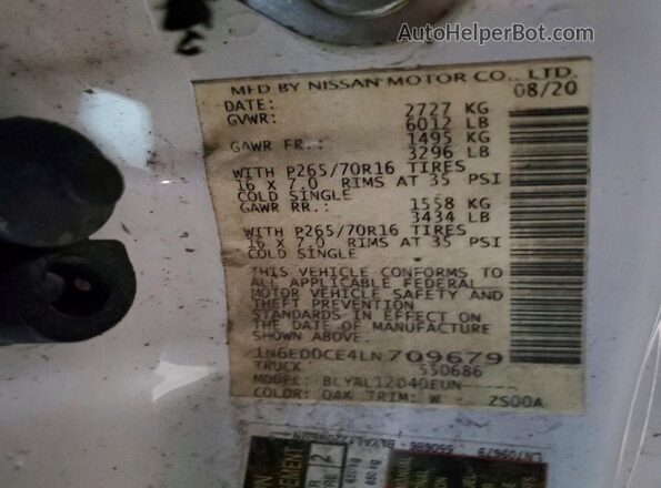 1N6ED0CE4LN709679 2020 NISSAN FRONTIER White Vista del compartimento del motor