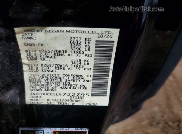 1N6ED0CE5LN722795 2020 NISSAN FRONTIER Black Vista del compartimento del motor