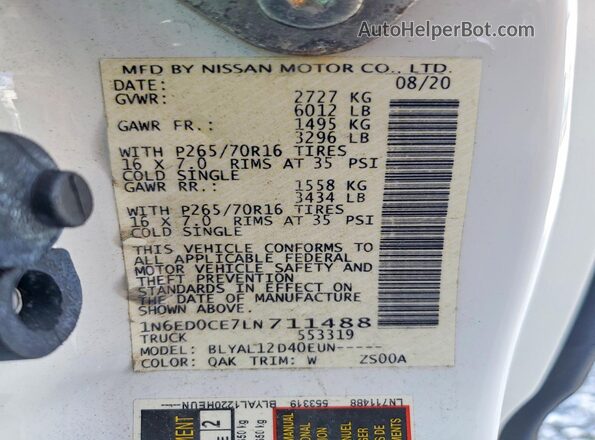 1N6ED0CE7LN711488 2020 NISSAN FRONTIER White Շարժիչի բաժամունքի տեսք