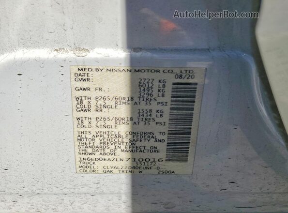 1N6ED0EA2LN710016 2020 NISSAN FRONTIER White Вид підкапотного простору