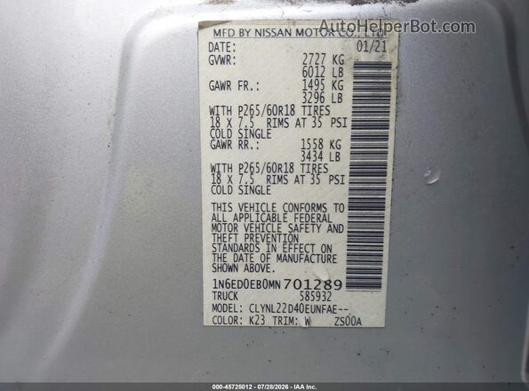 1N6ED0EB0MN701289 2021 NISSAN FRONTIER Silver Вид підкапотного простору