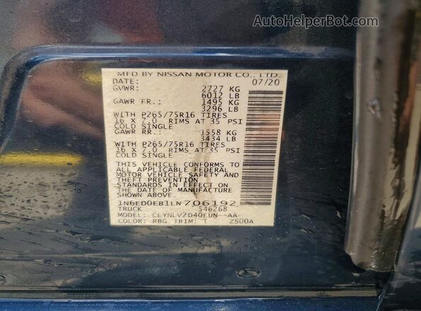 1N6ED0EB1LN706192 2020 NISSAN FRONTIER Blue Widok komory silnika