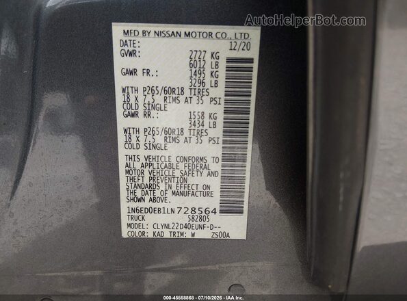 1N6ED0EB1LN728564 2020 NISSAN FRONTIER Gray Вид підкапотного простору