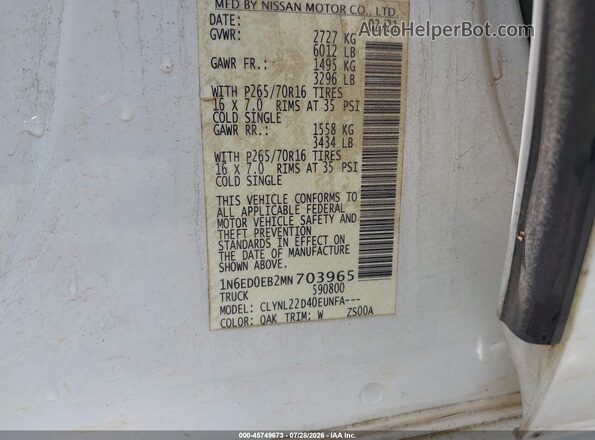 1N6ED0EB2MN703965 2021 NISSAN FRONTIER White Շարժիչի բաժամունքի տեսք