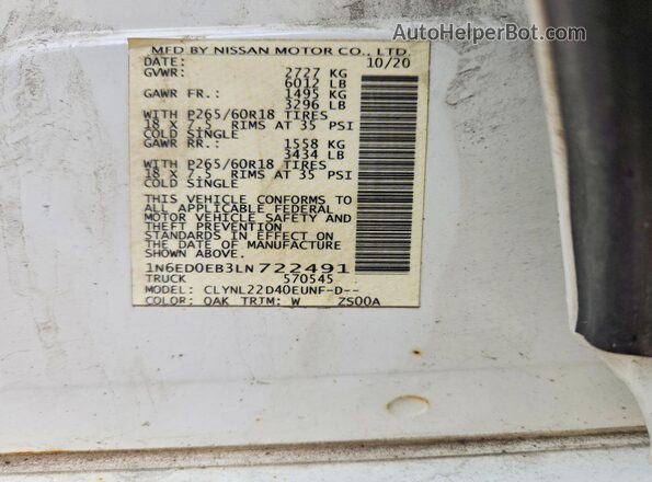 1N6ED0EB3LN722491 2020 NISSAN FRONTIER White Widok naklejki z numerem VIN