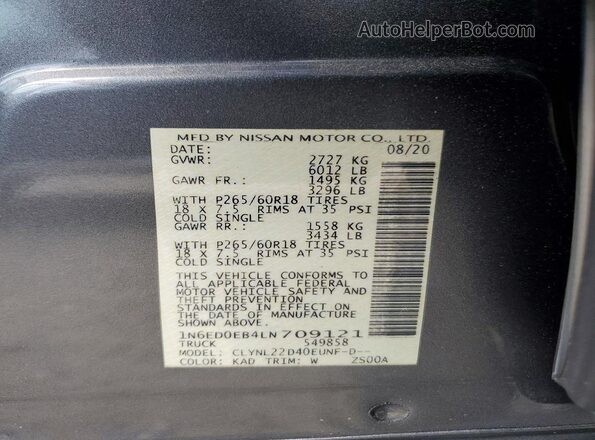 1N6ED0EB4LN709121 2020 NISSAN FRONTIER Charcoal Engine compartment view