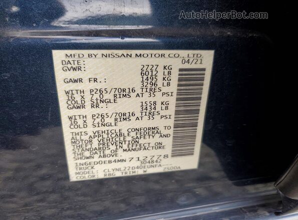 1N6ED0EB4MN712778 2021 NISSAN FRONTIER Blue VIN sticker view