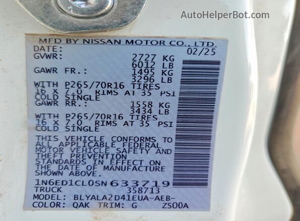 1N6ED1CL0SN633719 2025 NISSAN FRONTIER White Вид наклейки з VIN-кодом