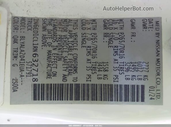 1N6ED1CL1RN632718 2024 NISSAN FRONTIER White Շարժիչի բաժամունքի տեսք