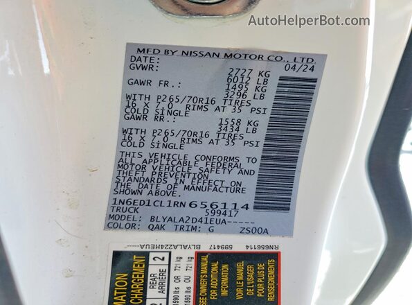 1N6ED1CL1RN656114 2024 NISSAN FRONTIER White VIN sticker view