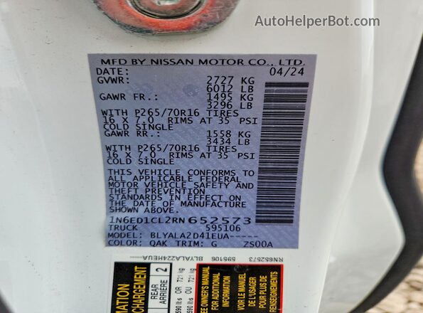 1N6ED1CL2RN652573 2024 NISSAN FRONTIER White Vista del compartimento del motor