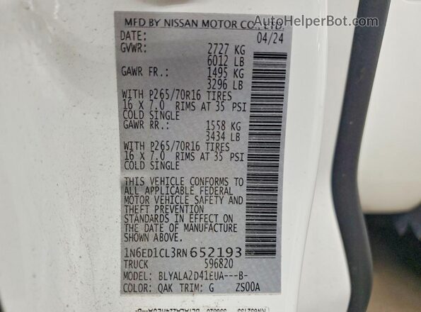 1N6ED1CL3RN652193 2024 NISSAN FRONTIER White Widok komory silnika