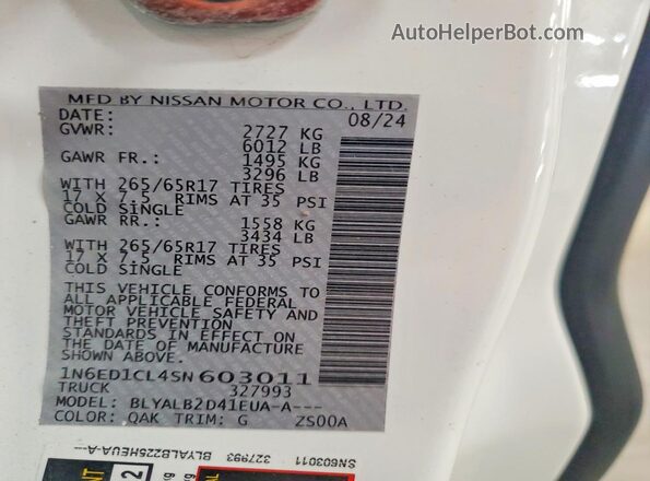 1N6ED1CL4SN603011 2024 NISSAN FRONTIER Белый Вид наклейки с VIN-кодом