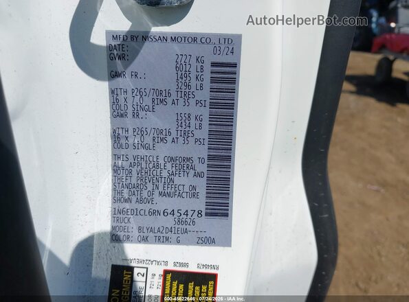 1N6ED1CL6RN645478 2024 NISSAN FRONTIER White Widok komory silnika
