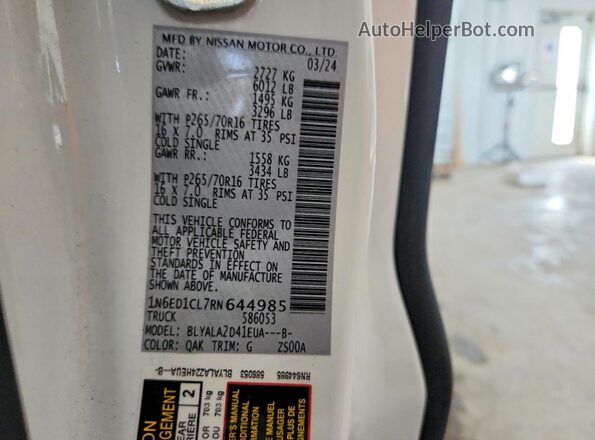 1N6ED1CL7RN644985 2024 NISSAN FRONTIER White VIN կոդի պիտակի տեսք