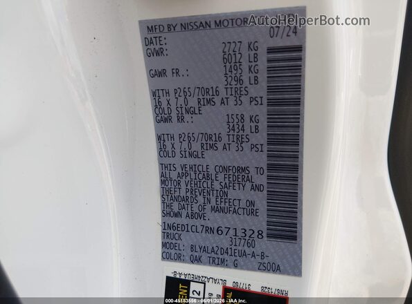 1N6ED1CL7RN671328 2024 NISSAN FRONTIER White Engine compartment view