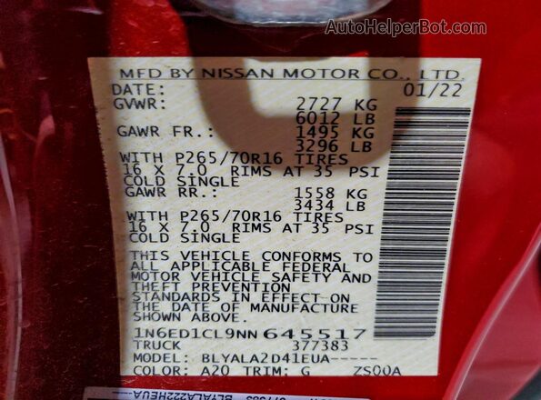 1N6ED1CL9NN645517 2022 NISSAN FRONTIER Red Вид наклейки з VIN-кодом