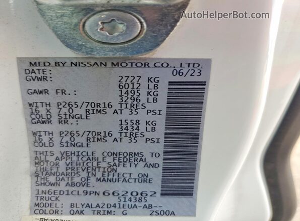 1N6ED1CL9PN662062 2023 NISSAN FRONTIER White VIN კოდის სტიკერის ხედი