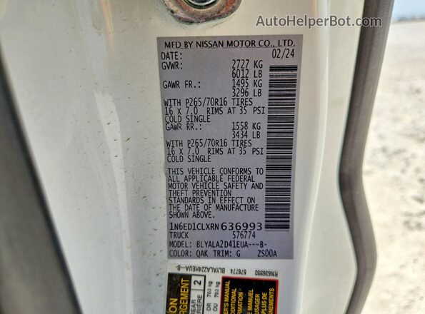 1N6ED1CLXRN636993 2024 NISSAN FRONTIER White Вид наклейки з VIN-кодом