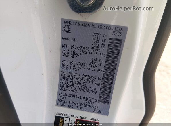 1N6ED1CM1SN648318 2025 NISSAN FRONTIER Белый Вид подкапотного пространства