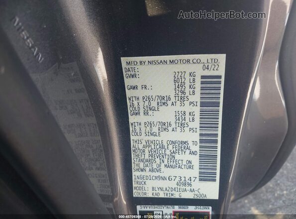 1N6ED1CM9NN673147 2022 NISSAN FRONTIER Серый Вид подкапотного пространства