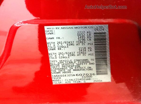 1N6ED1EJ2SN607036 2025 NISSAN FRONTIER Red VIN կոդի պիտակի տեսք