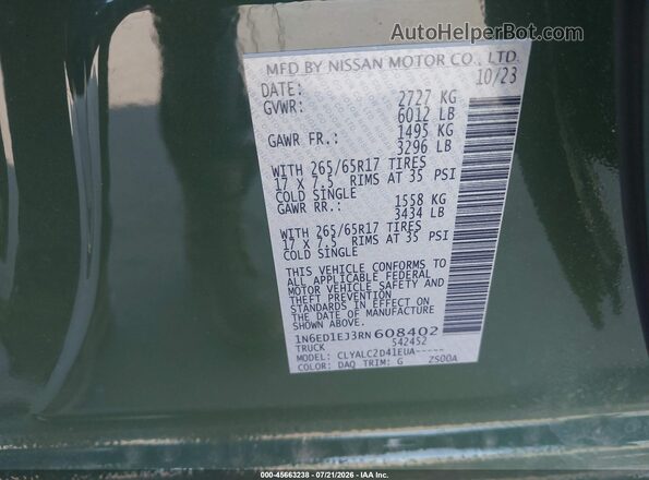 1N6ED1EJ3RN608402 2024 NISSAN FRONTIER Green Շարժիչի բաժամունքի տեսք