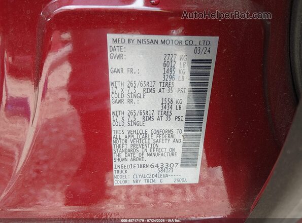 1N6ED1EJ8RN643307 2024 NISSAN FRONTIER Red ძრავის განყოფილების ხედი