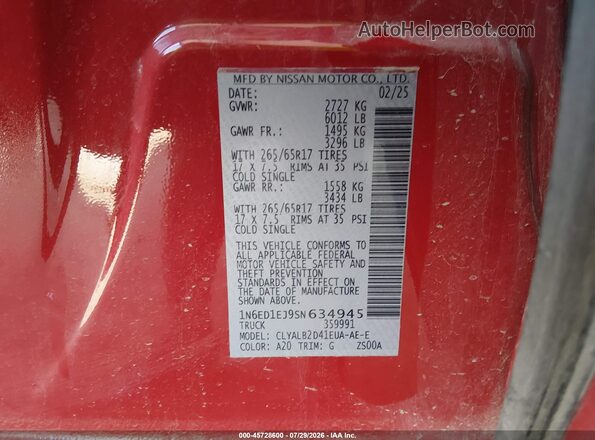 1N6ED1EJ9SN634945 2025 NISSAN FRONTIER Красный Вид подкапотного пространства