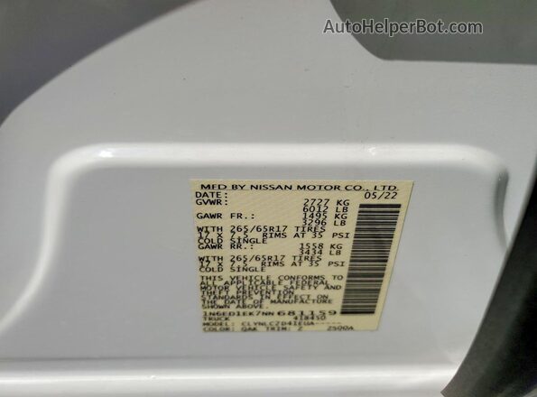 1N6ED1EK7NN681159 2022 NISSAN FRONTIER Белый Вид наклейки с VIN-кодом