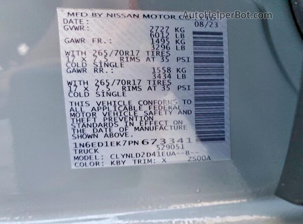 1N6ED1EK7PN673341 2023 NISSAN FRONTIER Blue Вид наклейки з VIN-кодом