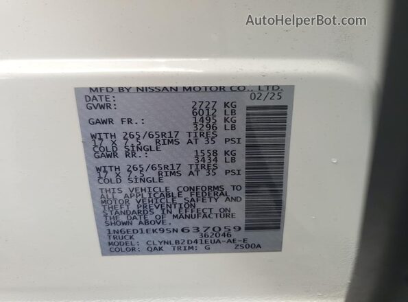 1N6ED1EK9SN637059 2025 NISSAN FRONTIER White VIN sticker view