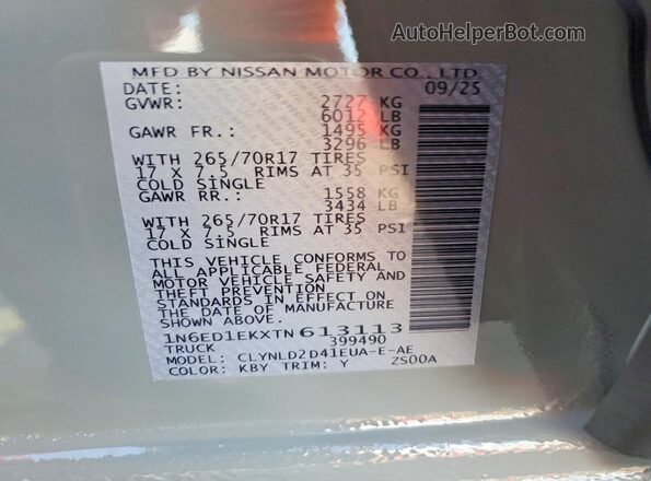 1N6ED1EKXTN613113 2026 NISSAN FRONTIER Gray VIN sticker view