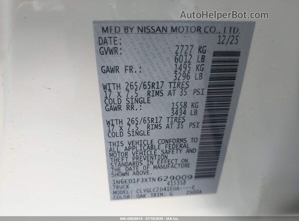 1N6ED1FJXTN629009 2026 NISSAN FRONTIER White Widok komory silnika