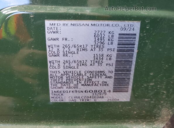1N6ED1FK9SN608014 2025 NISSAN FRONTIER Green Widok komory silnika