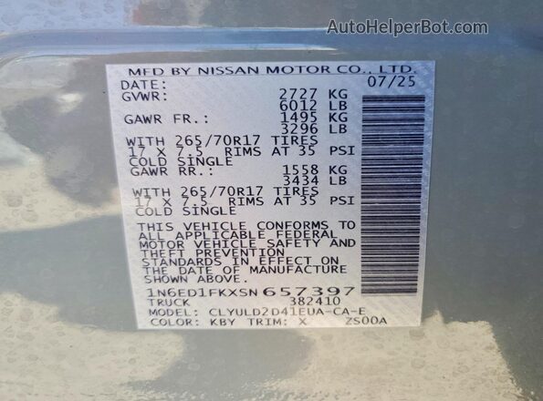 1N6ED1FKXSN657397 2025 NISSAN FRONTIER Silver Vista del compartimento del motor