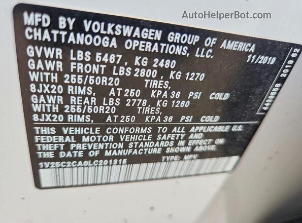 1V25C2CA0LC201315 2020 VOLKSWAGEN ATLAS White VIN sticker view