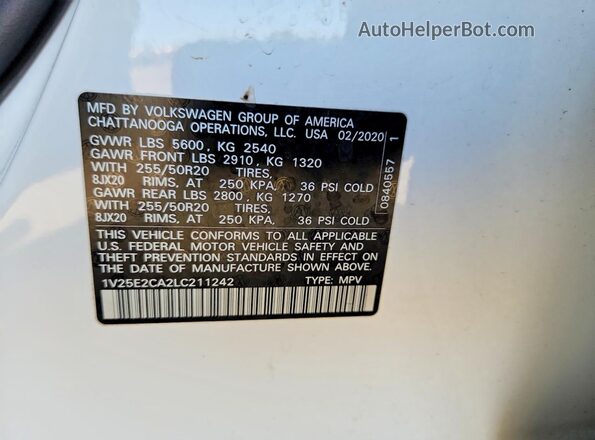 1V25E2CA2LC211242 2020 VOLKSWAGEN ATLAS White VIN sticker view
