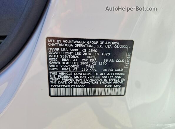 1V25E2CA9LC219080 2020 VOLKSWAGEN ATLAS Белый Вид наклейки с VIN-кодом