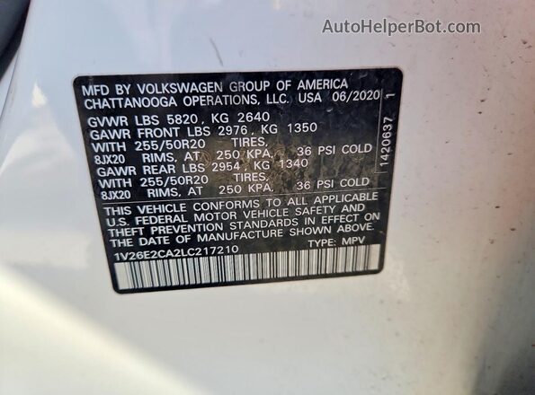 1V26E2CA2LC217210 2020 VOLKSWAGEN ATLAS White Widok wnętrza 360 stopni