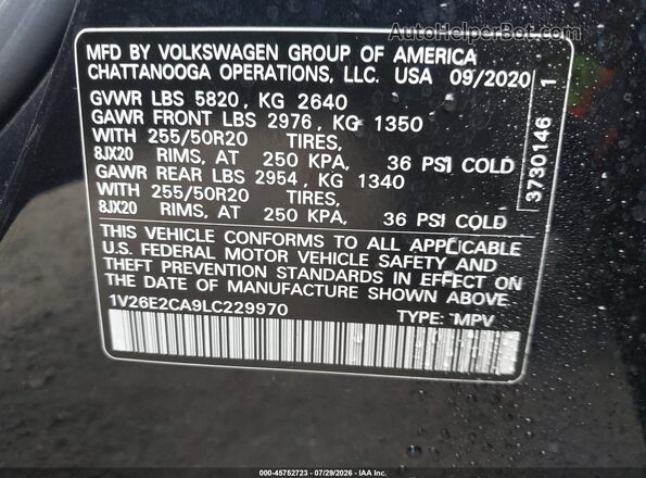 1V26E2CA9LC229970 2020 VOLKSWAGEN ATLAS Black ძრავის განყოფილების ხედი