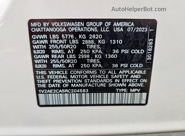 1V2AE2CA5RC204583 2024 VOLKSWAGEN ATLAS White Вид наклейки з VIN-кодом