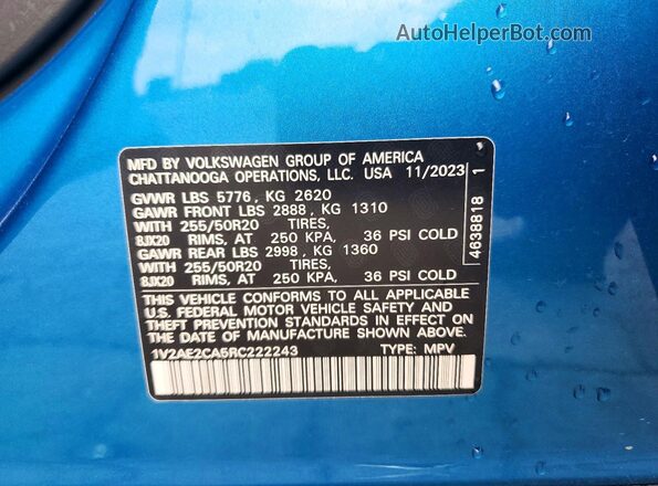 1V2AE2CA5RC222243 2024 VOLKSWAGEN ATLAS Blue 360 interior view
