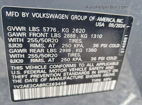 1V2AE2CA8RC263448 2024 VOLKSWAGEN ATLAS Gray VIN კოდის სტიკერის ხედი